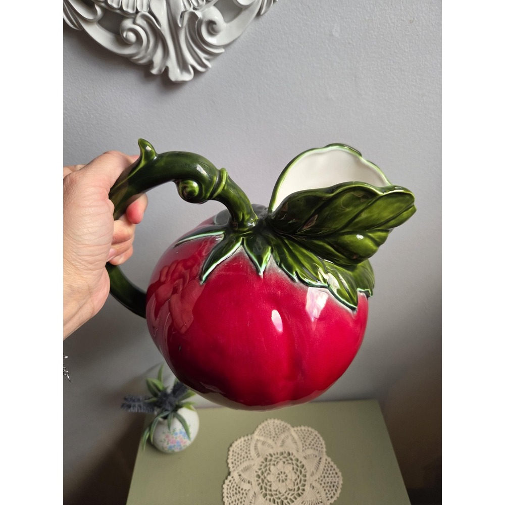 Vintage Tomato Pitcher Ceramic Red Green Kitsch Kitchen Decor 1990s